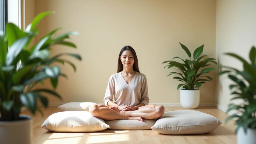 Corporate wellness space with meditation cushions and calm lighting setup