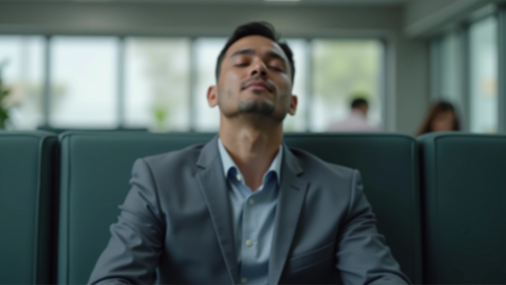 Person in office environment taking a mindful break with eyes closed and relaxed posture