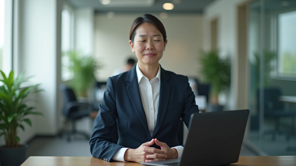 Employee taking a mindful break in office setting with peaceful expression and relaxed posture