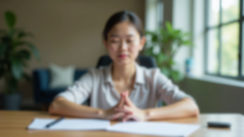 Person at desk with hands folded peacefully, calm focused expression, bright office setting