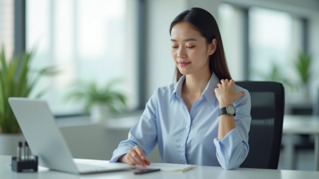 Woman sitting at desk with hand on shoulder demonstrating proper posture during meditation practice
