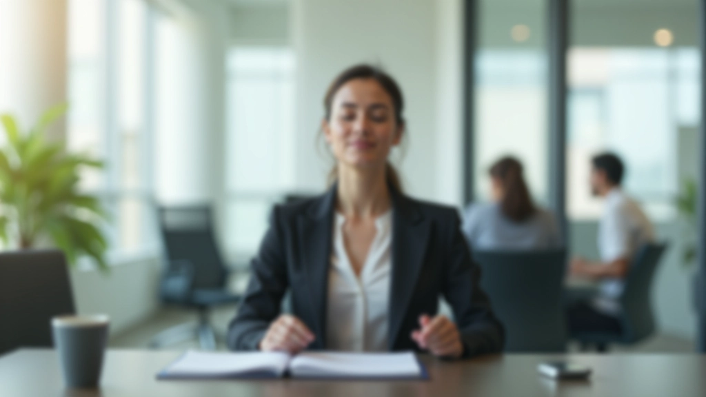 Female executive practicing desk meditation in modern office workspace during work break