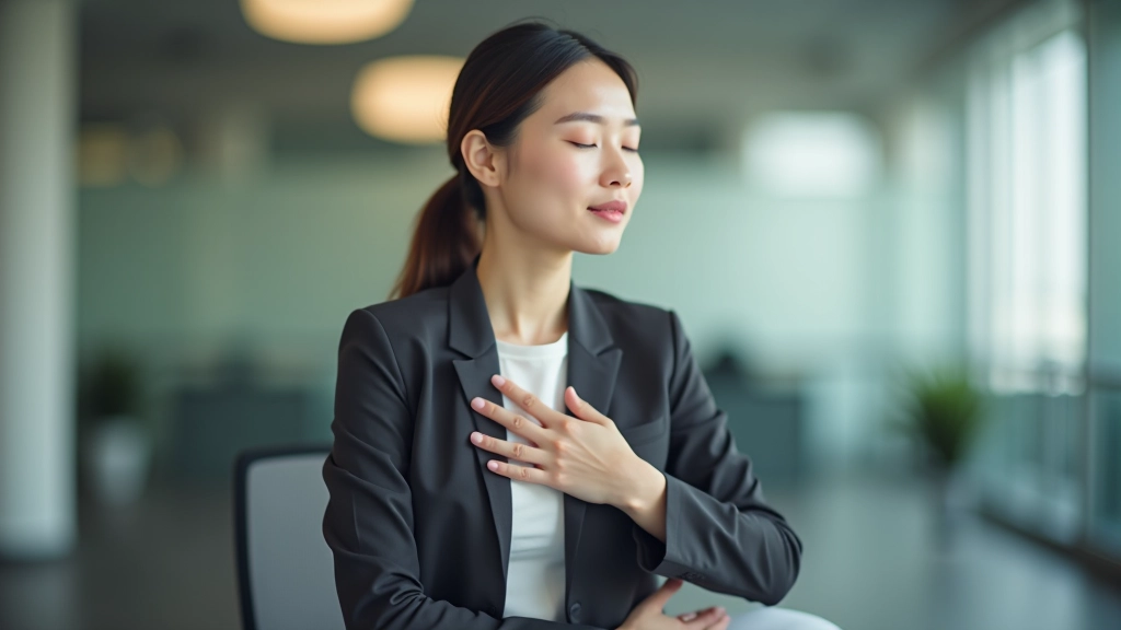 Professional woman in office doing breathing meditation at her desk