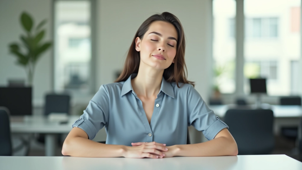 Woman at office desk with eyes closed, practicing meditation during work break