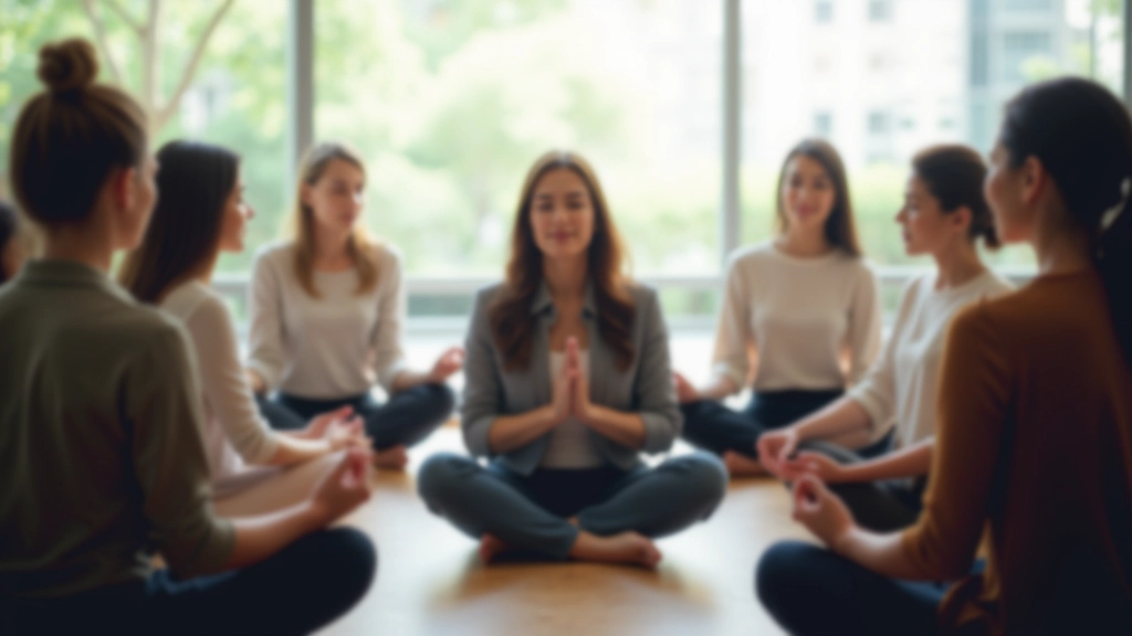 Corporate team seated in circle during mindfulness session with natural light from office windows